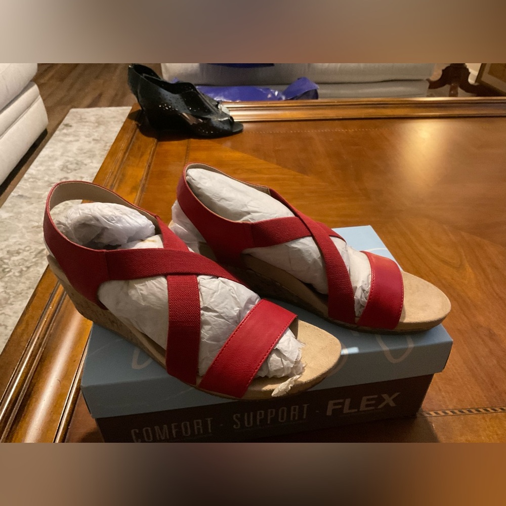 Clarks Red Crisscross Wedge Sandals